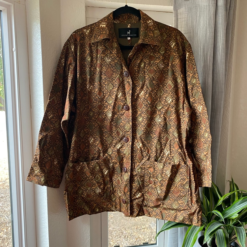 Peruvian Connection Brown Printed Jacket Size L - image 1